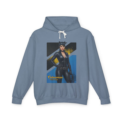 Catwoman Hoodie | DC Comics Hoodie | Anime Gotham Anti-Heroine Pullover — blue pullover with anime-style Catwoman graphic and contrast drawstrings