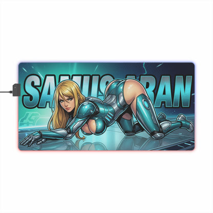 Samus Aran RGB Desk Mat, Futuristic Gaming Mouse Pad, LED Desk Mat for Gamer Setup - sci-fi armored Samus artwork with glowing RGB border