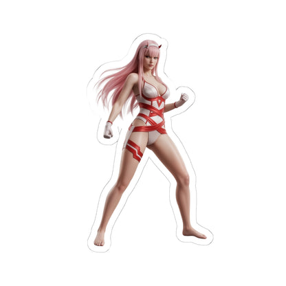 Zero Two Sticker – Anime Character Vinyl Sticker for Laptops & Indoor Decor, glossy durable vinyl anime character sticker of pink-haired Zero Two pose