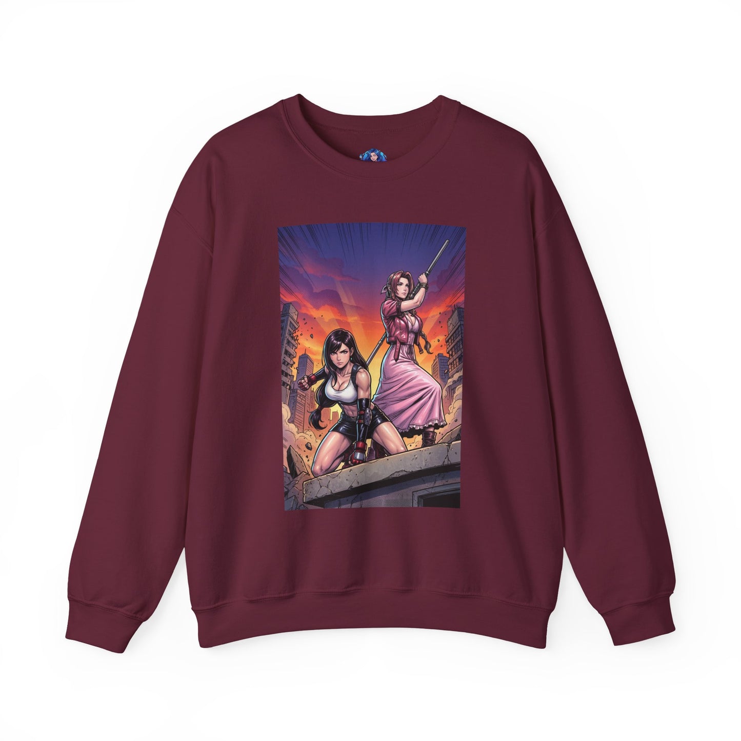 Tifa Lockhart & Aerith Gainsborough Sweatshirt, Game Character Art, Premium Fan Apparel - maroon crewneck with cinematic Tifa and Aerith battle-ready illustration