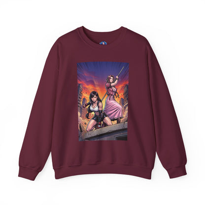 Tifa Lockhart & Aerith Gainsborough Sweatshirt, Game Character Art, Premium Fan Apparel - maroon crewneck with cinematic Tifa and Aerith battle-ready illustration