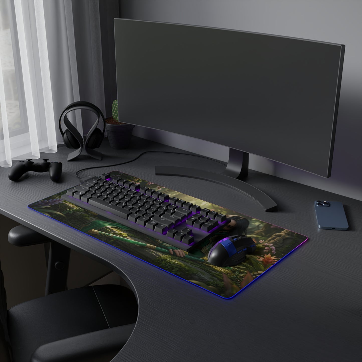 Jade Desk Mat – LED RGB Pad, Waifu Fighter Anime Girl Setup on a sleek gaming desk with keyboard, mouse, and curved monitor