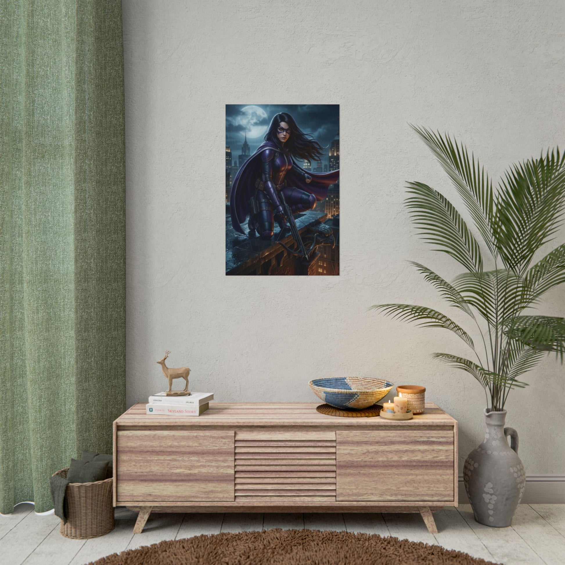 Huntress Poster, DC Comics Wall Art Print – Dark Hero Decor hanging above media console in moody gamer room