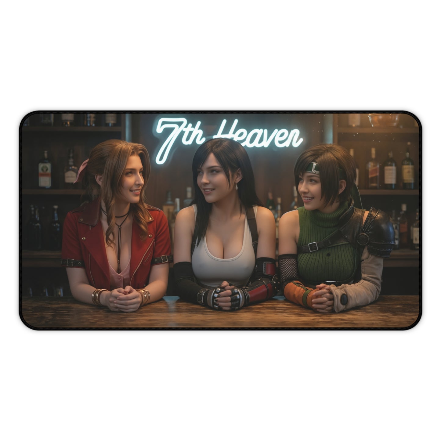 Tifa Aerith Yuffie Gaming Mouse Pad, Final Fantasy Desk Mat, RPG Heroine Setup - vivid artwork of Tifa, Aerith, Yuffie at bar