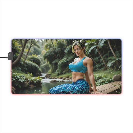 Jolyne Cujoh Desk Mat – LED RGB Pad, Elegant Waifu Anime Girl Setup featuring athletic waifu in tropical riverside scene with RGB edge lighting