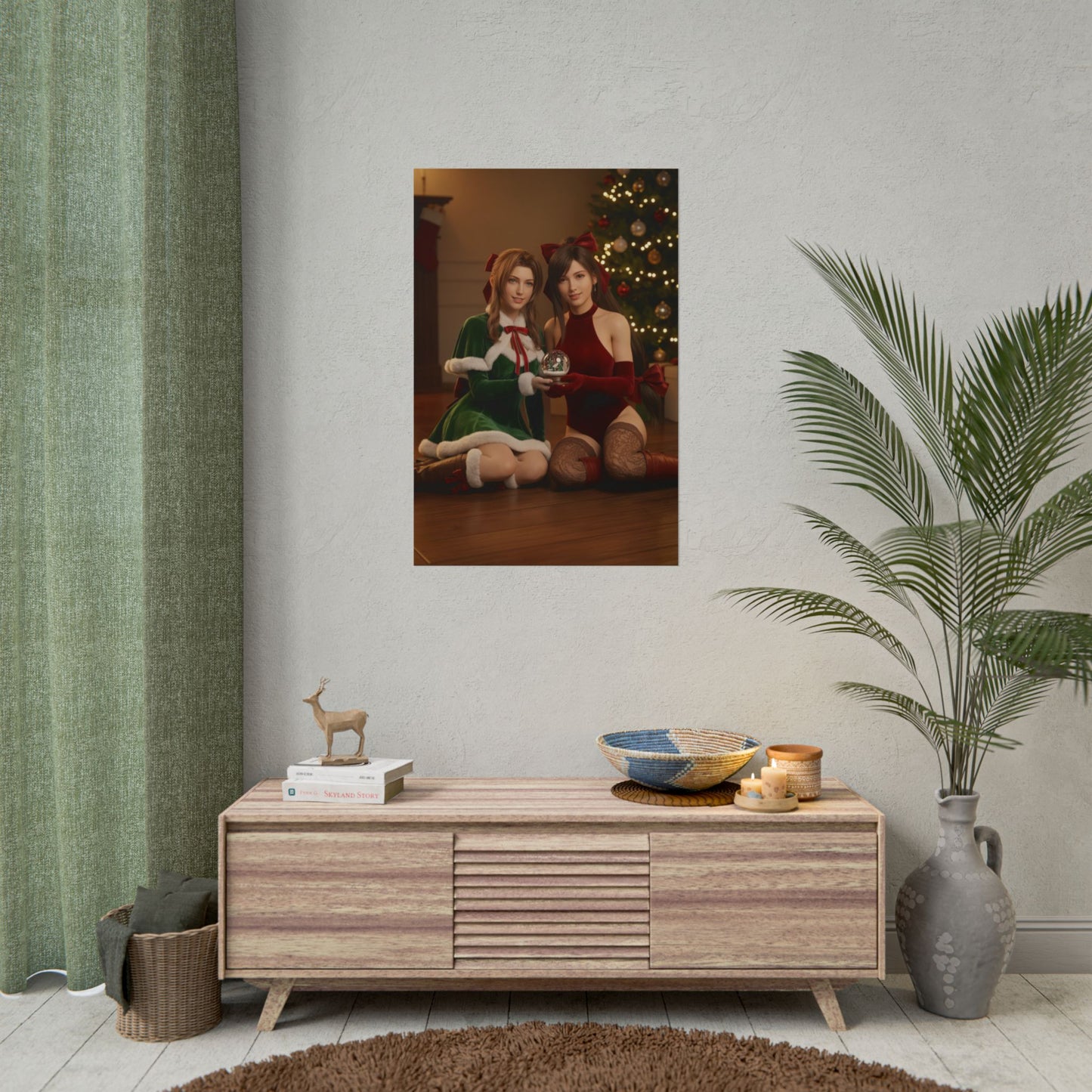 Tifa Aerith Poster, Final Fantasy Art Print – Gamer Room Wall Decor — festive cosplay wall art showing Tifa and Aerith by a Christmas tree