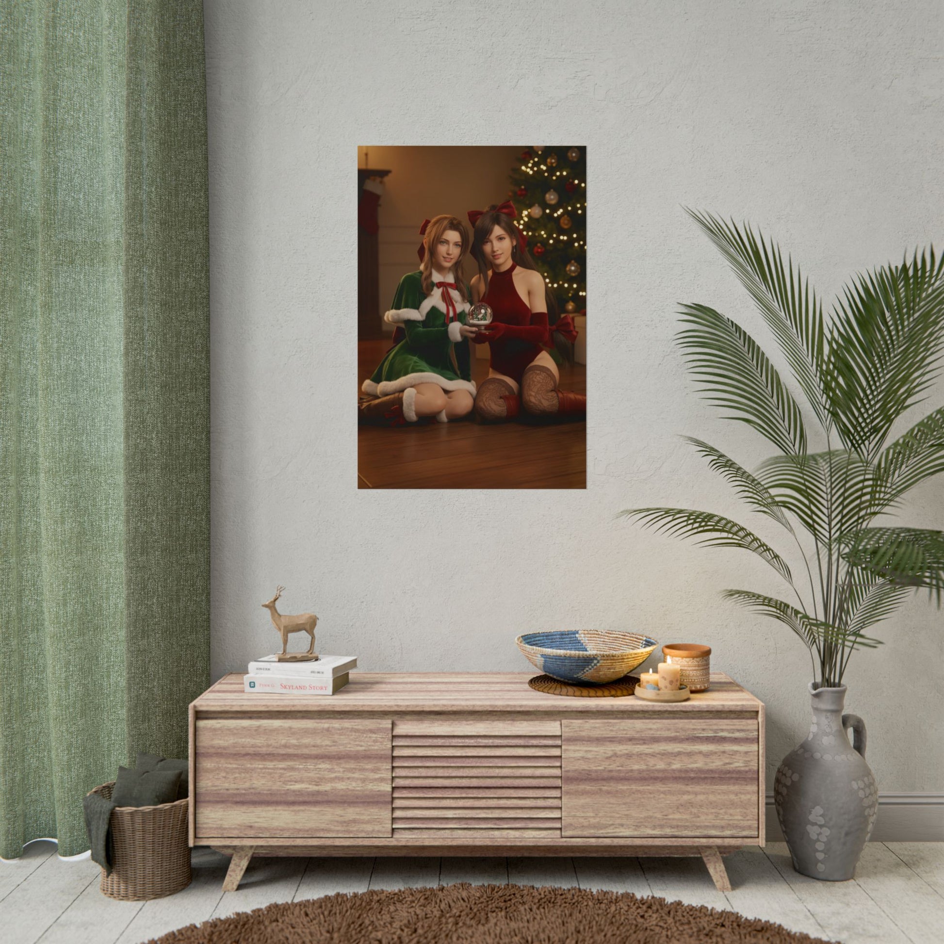 Tifa Aerith Poster, Final Fantasy Art Print – Gamer Room Wall Decor — festive cosplay wall art showing Tifa and Aerith by a Christmas tree