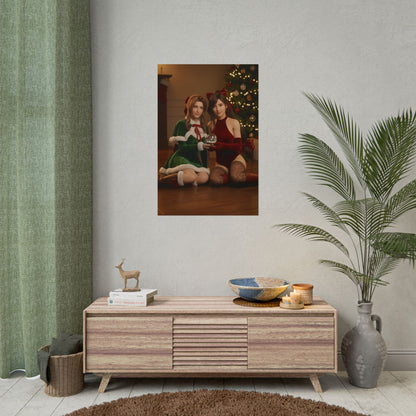 Tifa Aerith Poster, Final Fantasy Art Print – Gamer Room Wall Decor — festive cosplay wall art showing Tifa and Aerith by a Christmas tree