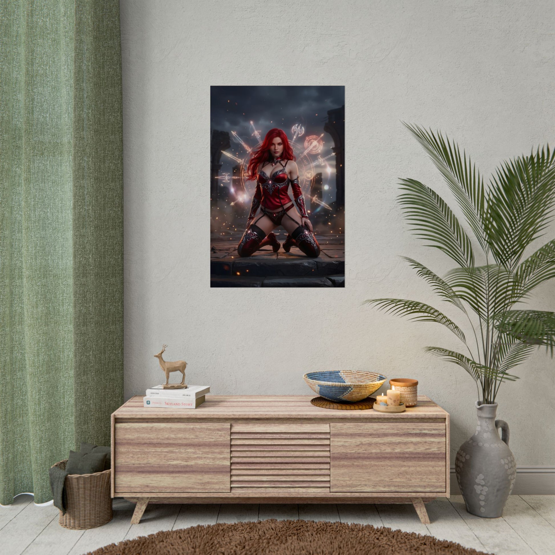 Erza Scarlet Poster / Erza Scarlet Wall Art / Erza Scarlet Art Print / Fairy Tail Poster - fierce Erza in armored battle pose with glowing runes