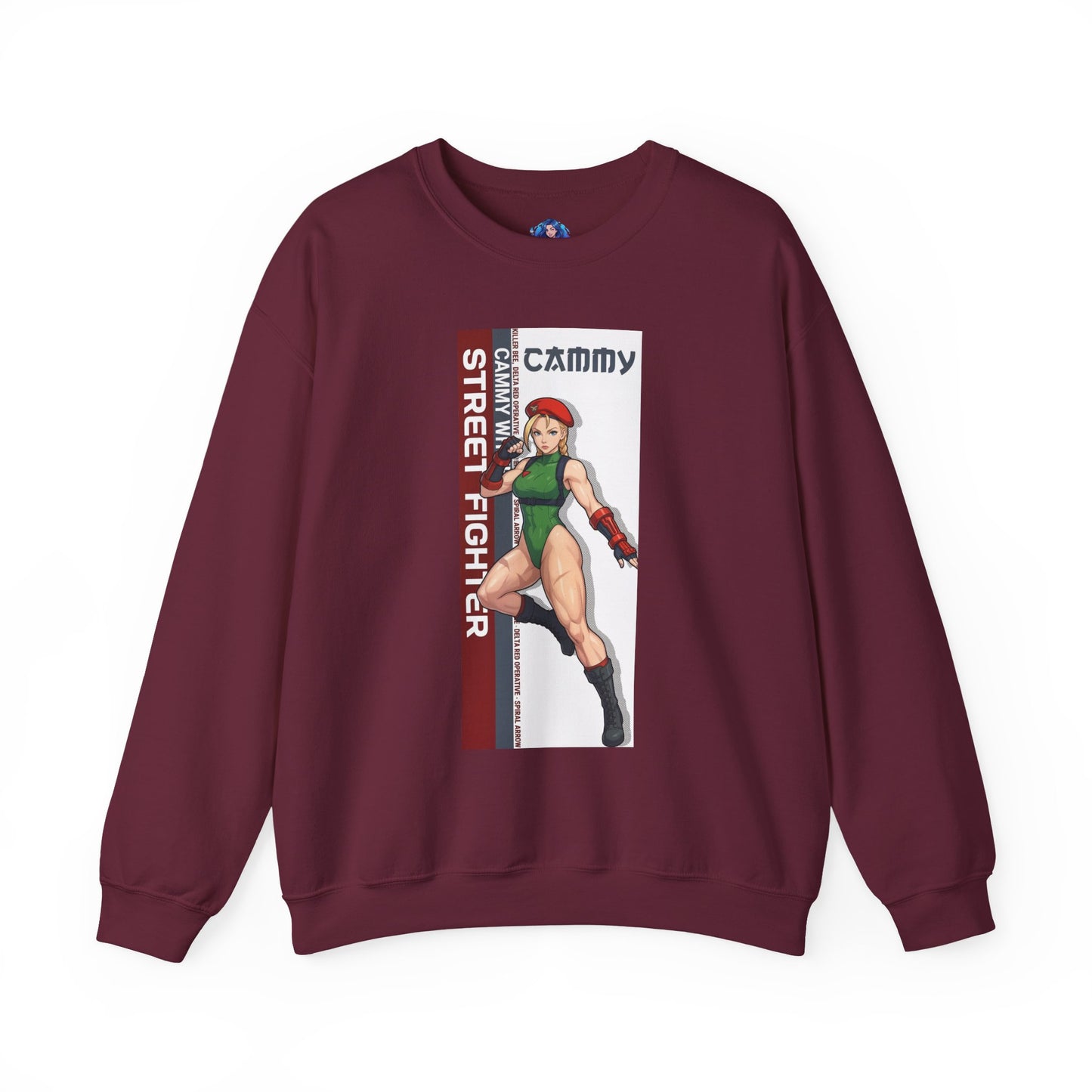 Cammy Sweatshirt, Street Fighter Crewneck, Classic Fighting Game Apparel for Fans maroon crewneck with bold Cammy artwork and green color accents