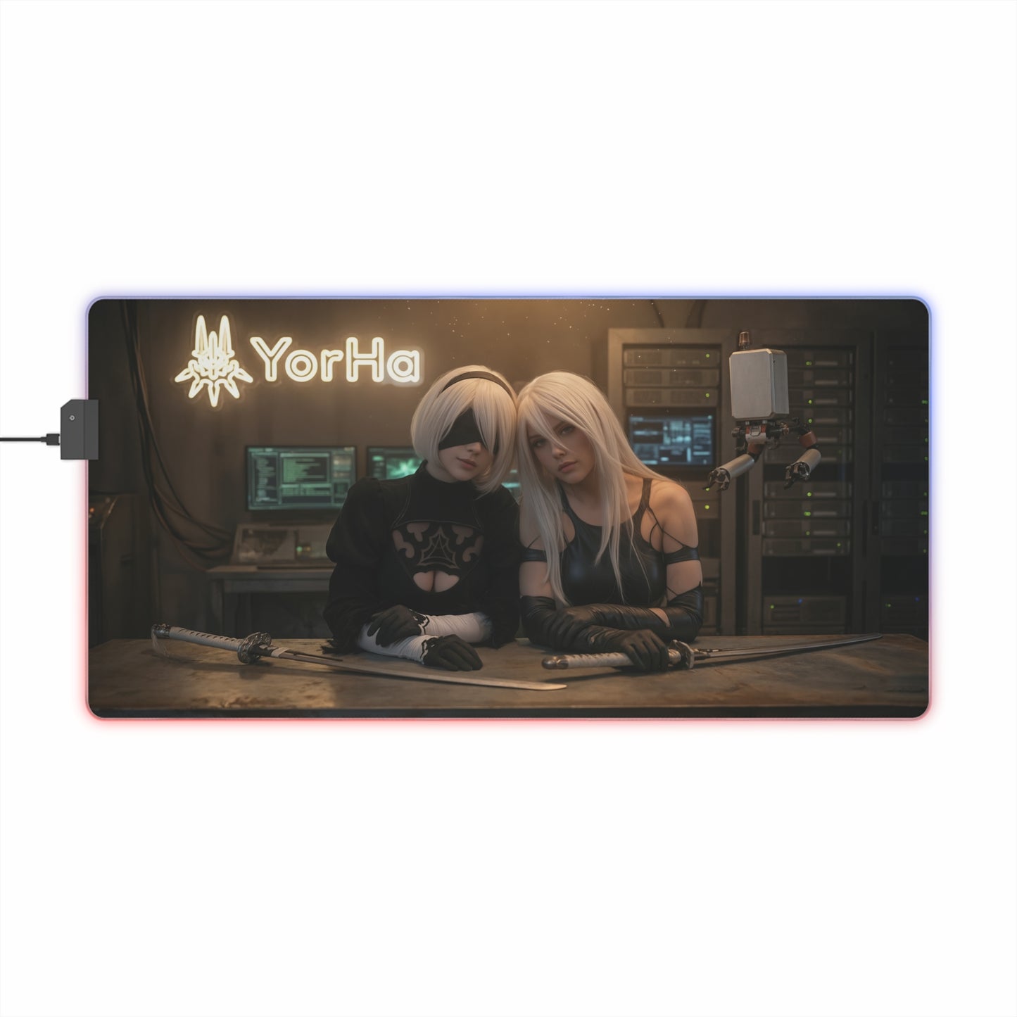2B and A2 Desk Mat – LED RGB Pad, Waifu Android Anime Girl Gaming Setup