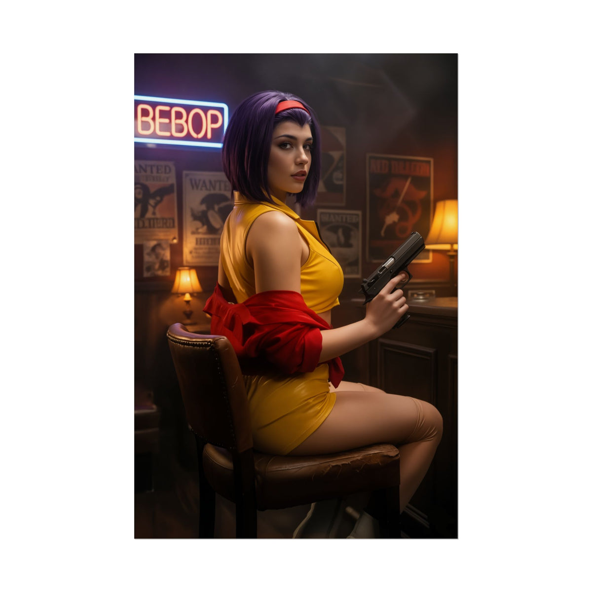 Faye Valentine Poster, Cowboy Bebop Art Print, Iconic Anime Character Wall Decor - cinematic retro sci-fi portrait of Faye holding a pistol