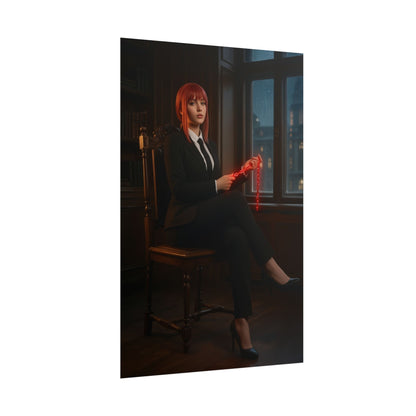 Makima Poster, Chainsaw Man Print, Iconic Anime Character Art – seated Makima holding glowing red chain in dark elegant room, stylish anime wall art