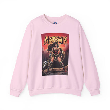 Artemis Sweatshirt, DC Comics Warrior Art, Premium Hero Apparel front view pink crewneck with Artemis warrior graphic