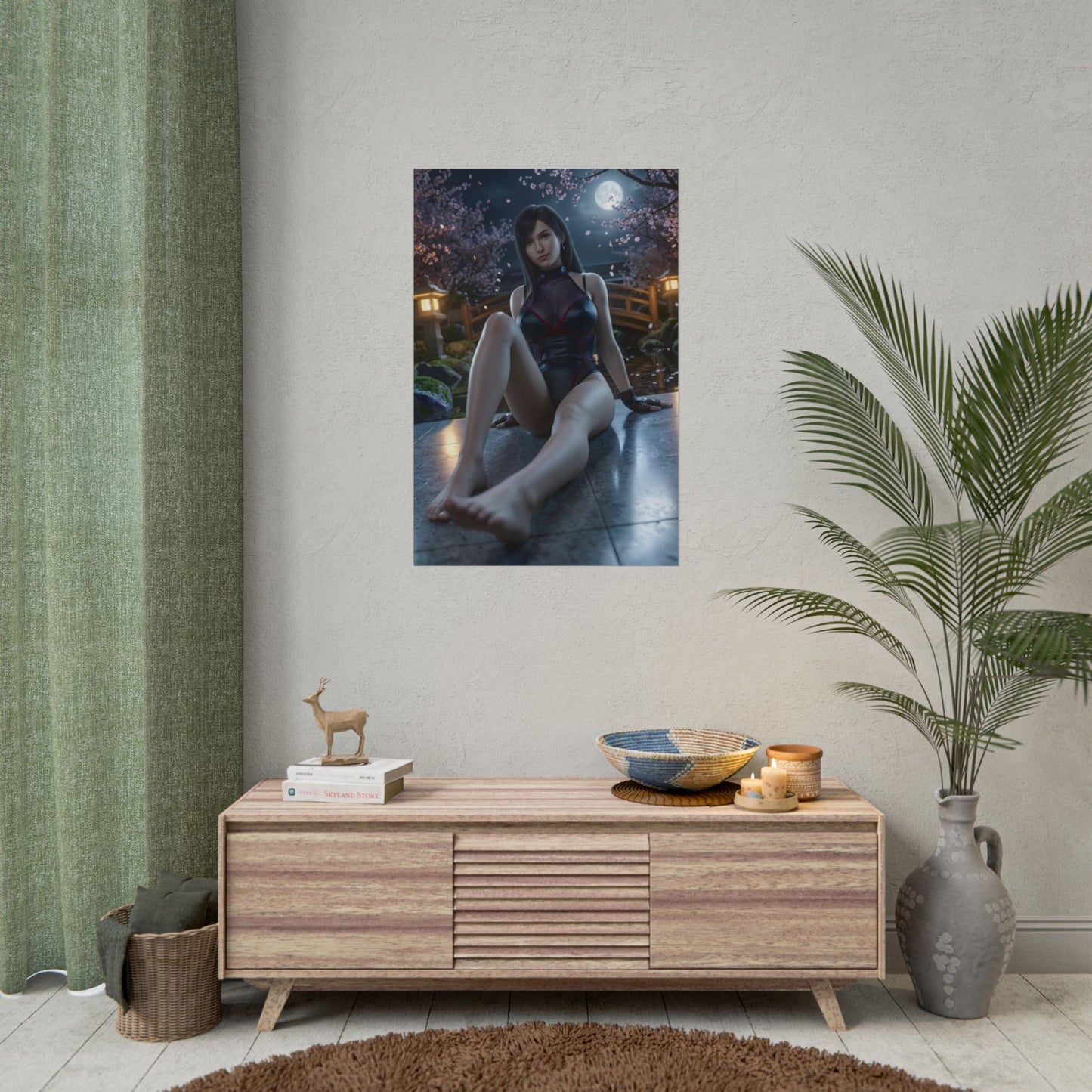 Tifa Lockhart Poster / Tifa Lockhart Wall Art / Tifa Lockhart Art Print / Final Fantasy VII Poster - cinematic Tifa sitting under moonlight, elegant gaming wall art