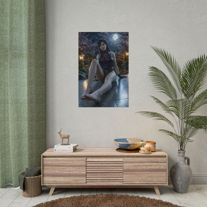Tifa Lockhart Poster / Tifa Lockhart Wall Art / Tifa Lockhart Art Print / Final Fantasy VII Poster - cinematic Tifa sitting under moonlight, elegant gaming wall art