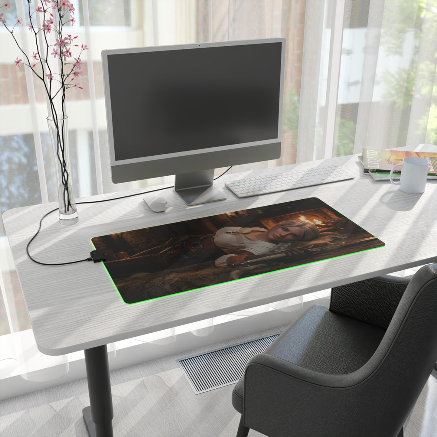 Ciri Desk Mat – LED RGB Pad, Waifu Fantasy Girl Gaming Setup on white desk with PC, smooth precision-cloth surface and green RGB lighting