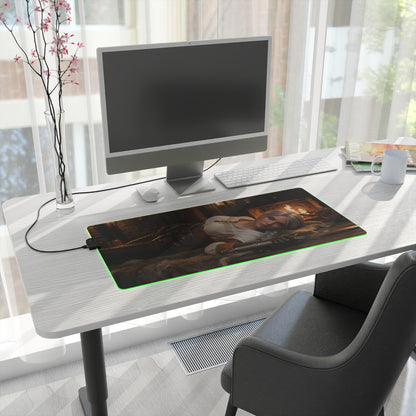 Ciri Desk Mat – LED RGB Pad, Waifu Fantasy Girl Gaming Setup on white desk with PC, smooth precision-cloth surface and green RGB lighting