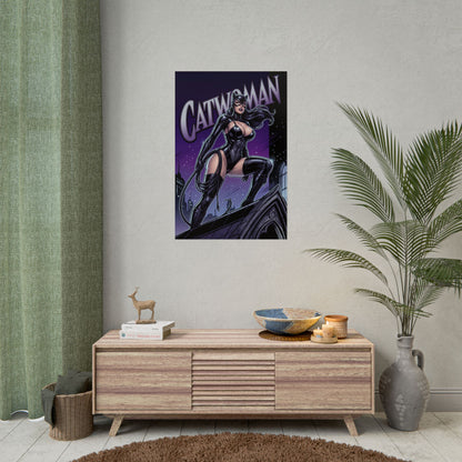 Catwoman Poster / Catwoman Wall Art / Catwoman Art Print / DC Comics Poster - sleek night scene of confident Catwoman posed above city