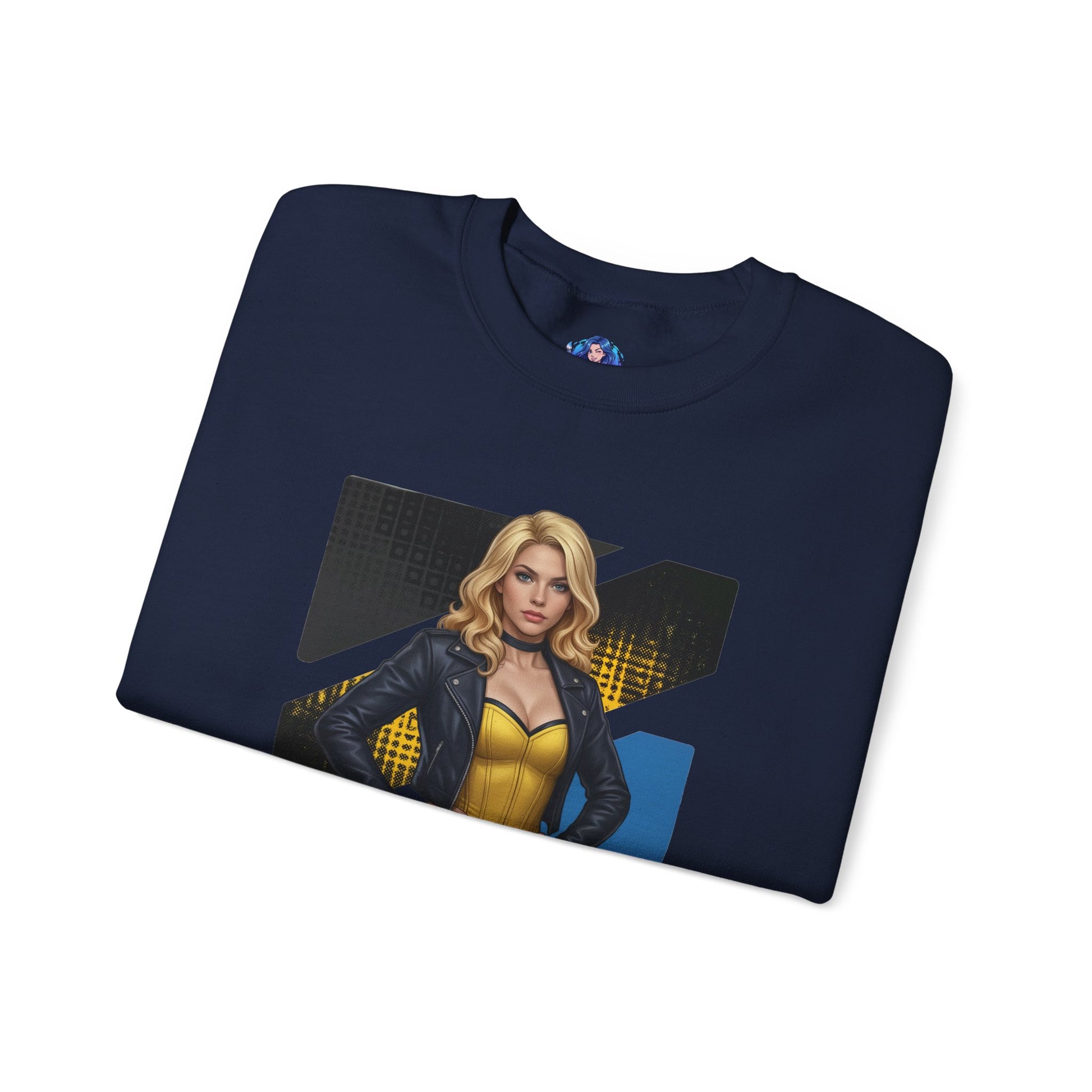 Black Canary Sweatshirt, DC Comics Crewneck, Classic Superhero Apparel for Fans navy crewneck with blonde Black Canary artwork