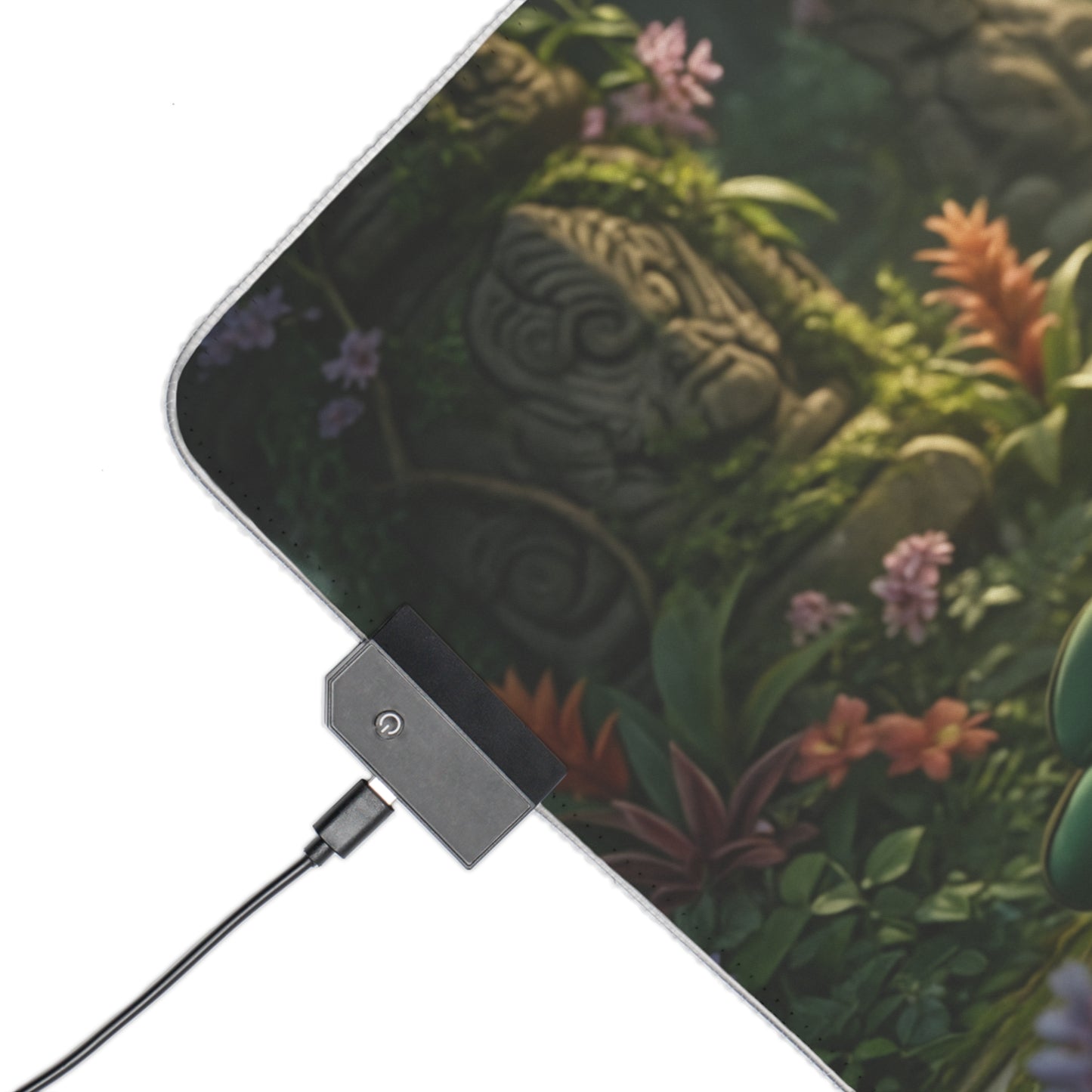 Jade Desk Mat – LED RGB Pad, Waifu Fighter Anime Girl Setup showing USB LED controller and corner of floral jungle warrior design
