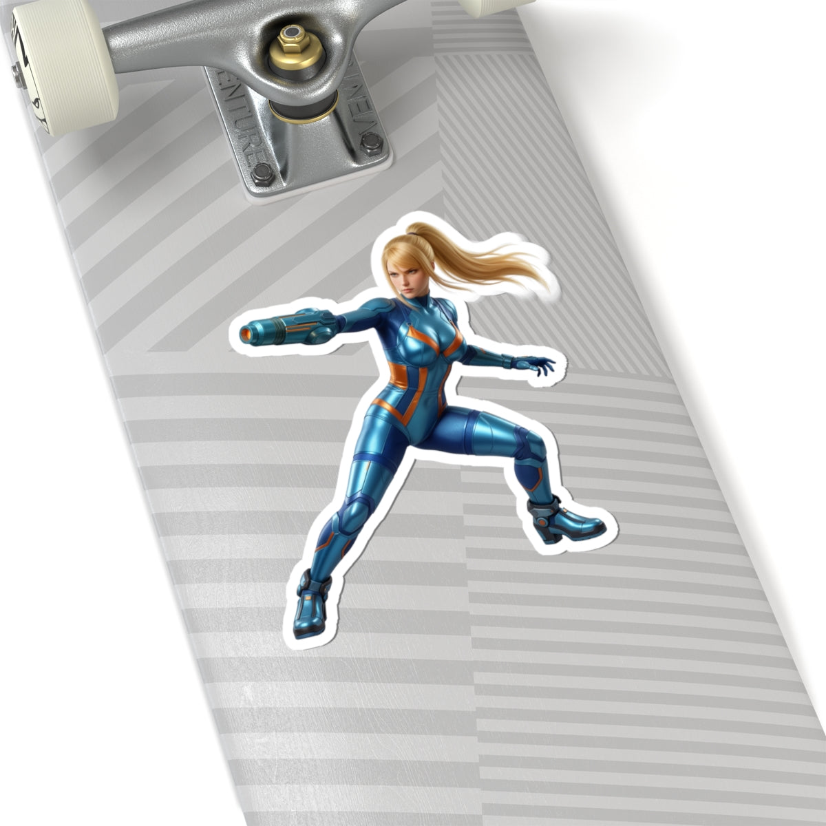 Samus Aran Sticker – Futuristic Game Vinyl Sticker for Laptops & Indoor Decor on skateboard laptop-ready glossy vinyl decal of iconic sci-fi heroine
