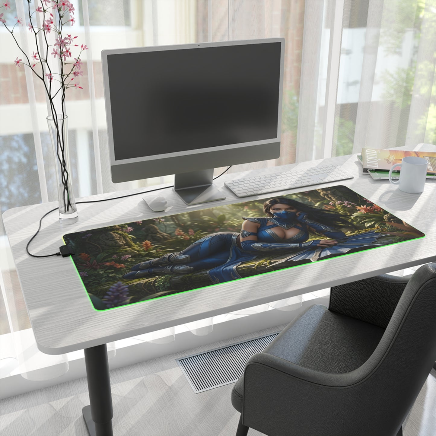 Kitana Desk Mat – LED RGB Pad, Waifu Fighter Anime Girl Setup on white desk with gaming monitor, blue-armored waifu fighter artwork and green LED glow