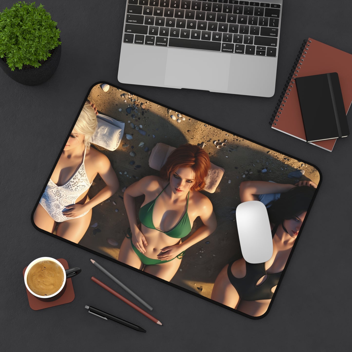 Ciri Triss Yennefer Gaming Mouse Pad, Witcher Desk Mat, Fantasy Heroine Setup featuring bold beach artwork of three heroines on a premium gaming desk mat