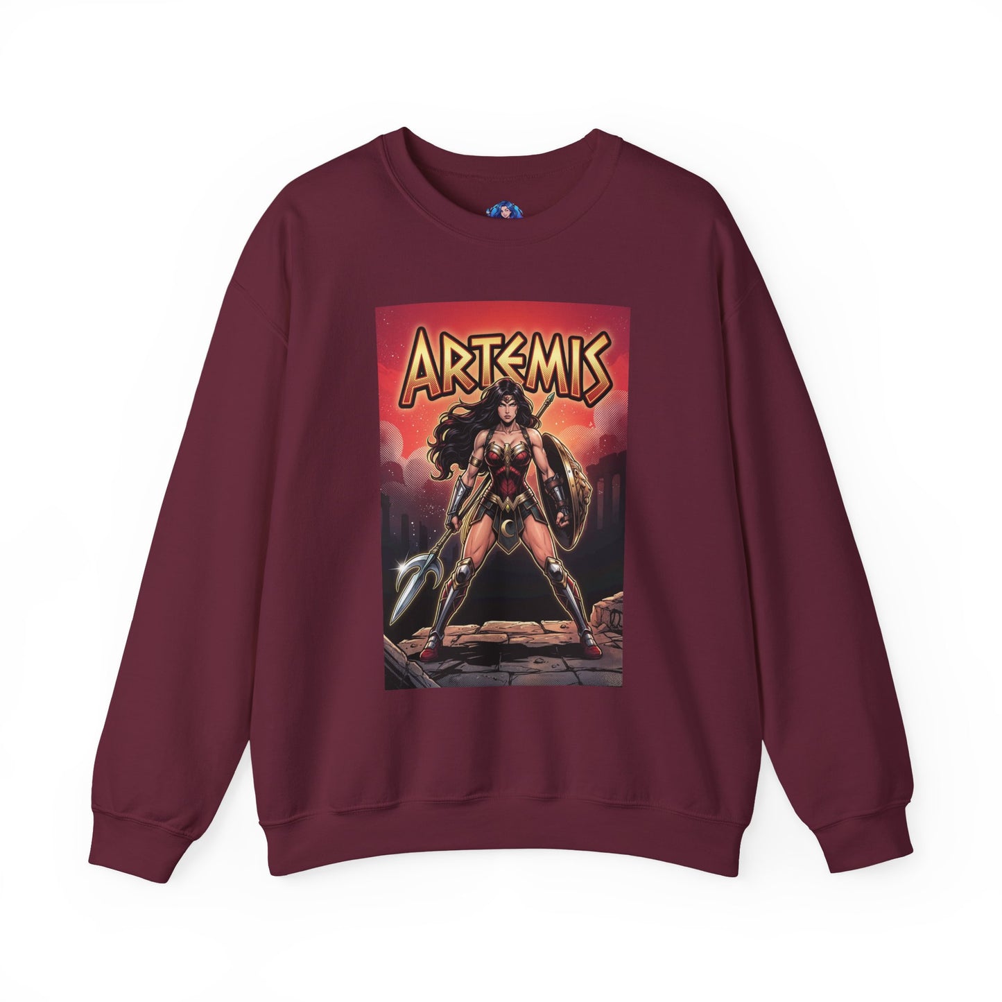 Artemis Sweatshirt, DC Comics Warrior Art, Premium Hero Apparel: maroon crewneck with Artemis in armor, spear and shield, bold comic cover design