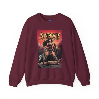 Artemis Sweatshirt, DC Comics Warrior Art, Premium Hero Apparel: maroon crewneck with Artemis in armor, spear and shield, bold comic cover design