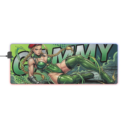Cammy RGB Desk Mat, Fighting Game Gaming Mouse Pad, LED Desk Mat for Gamer Setup - military-inspired Cammy artwork with green tones and RGB glow