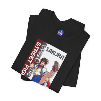 Sakura Kasugano T-Shirt | Street Fighter Anime Tee for Gamers & Fighting Game Fans - black Bella Canvas tee with dynamic Sakura school-fighter illustration