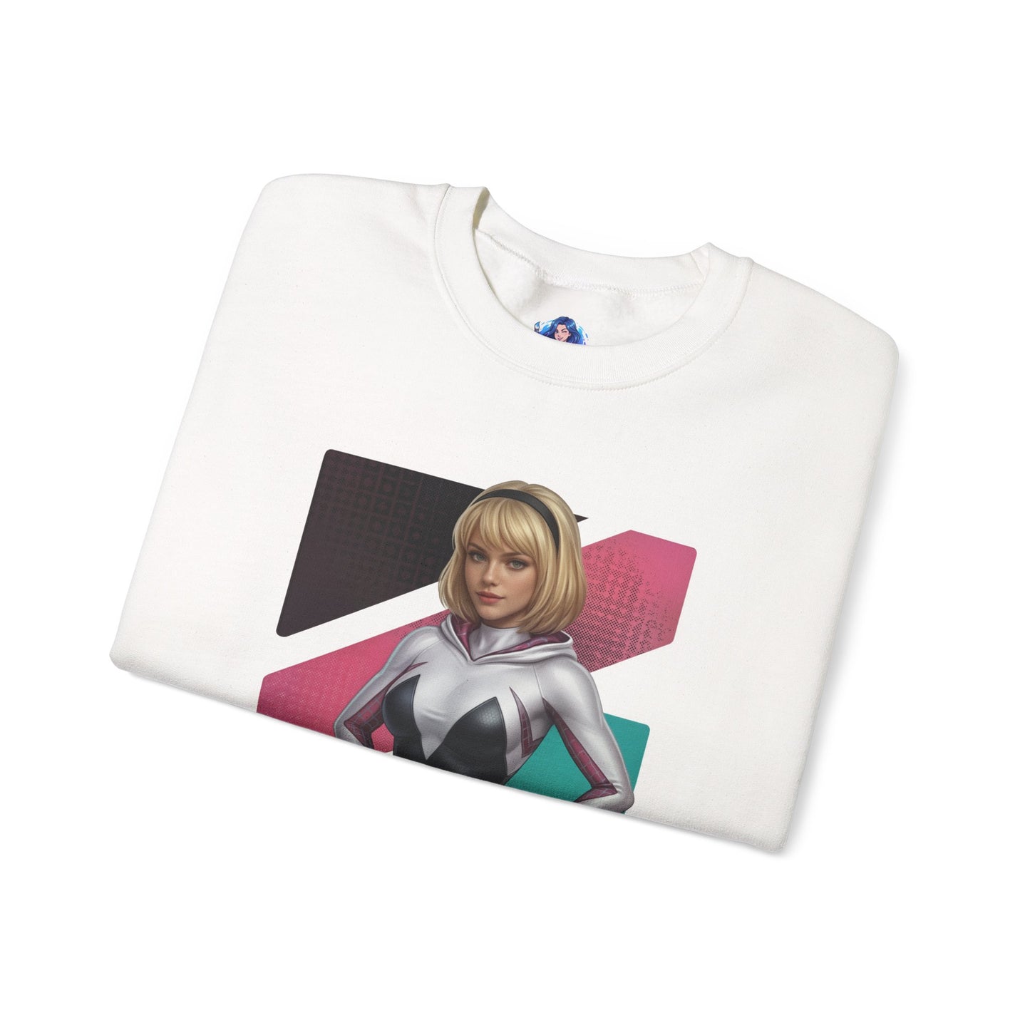 Spider Gwen Sweatshirt, Spider-Verse Crewneck, Stylish Superhero Apparel for Fans — folded white crewneck with Spider Gwen graphic and pink-white color accents