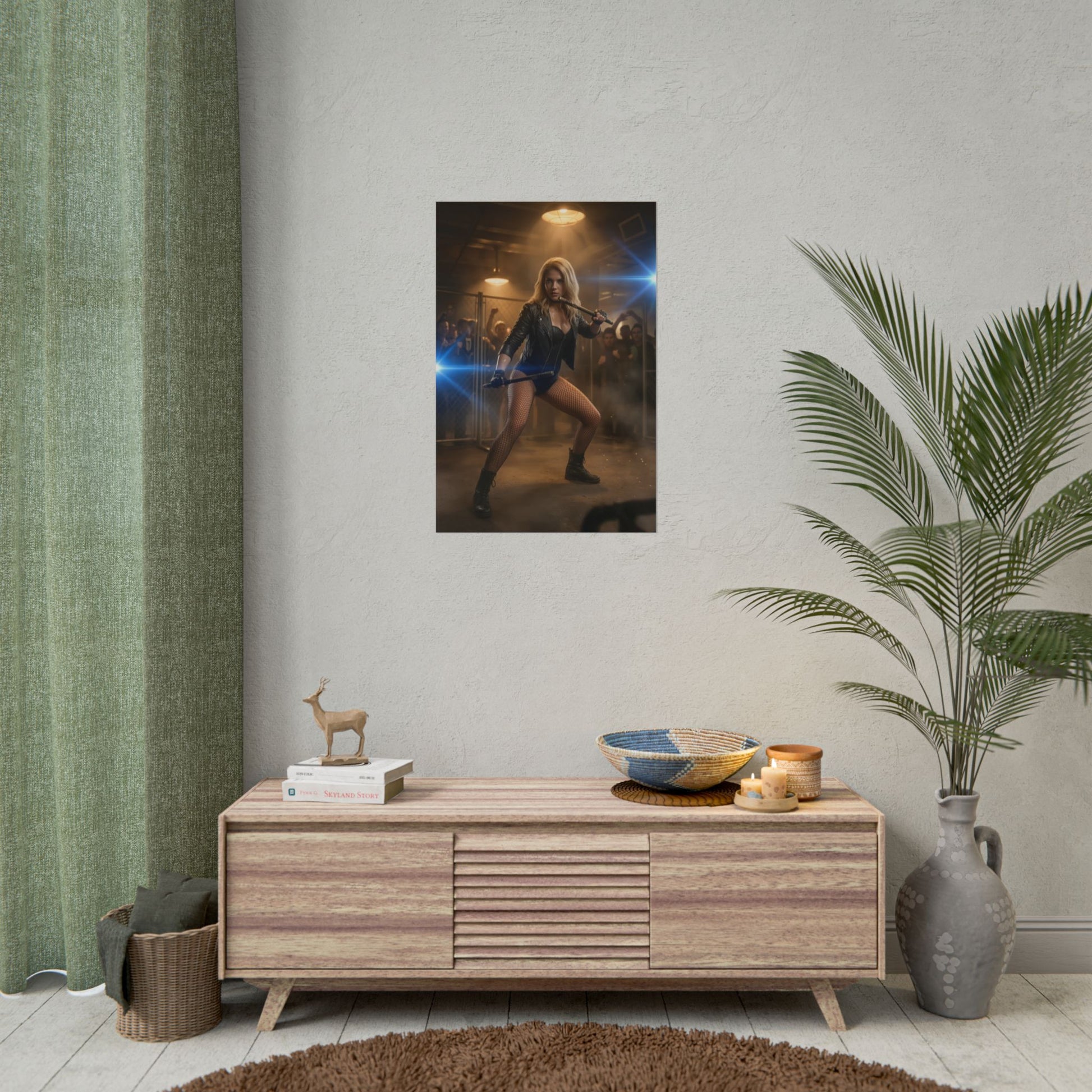 Black Canary DC Poster – Iconic Superheroine Wall Art for Gamer Decor hanging above console in modern gaming room