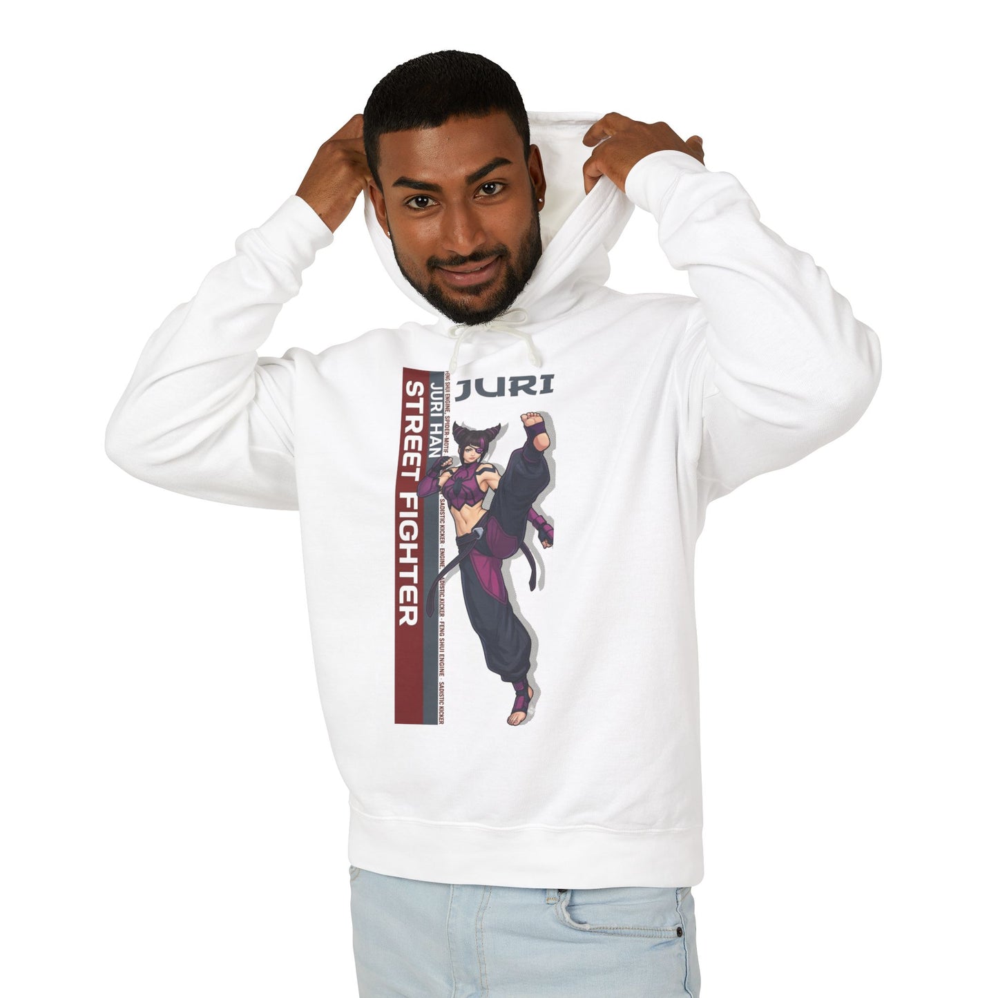 Juri Hoodie | Street Fighter Hoodie | Anime Fighter Girl Pullover model wearing white pullover with bold Juri illustration
