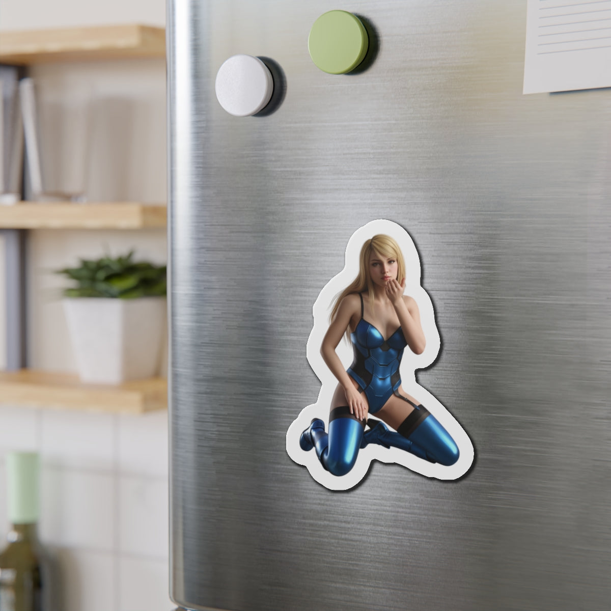 Samus Aran Magnet – Sci-Fi Game Heroine Fridge Magnet, Anime Style Decor vinyl die-cut magnet on stainless fridge showcasing anime-style Samus Aran artwork