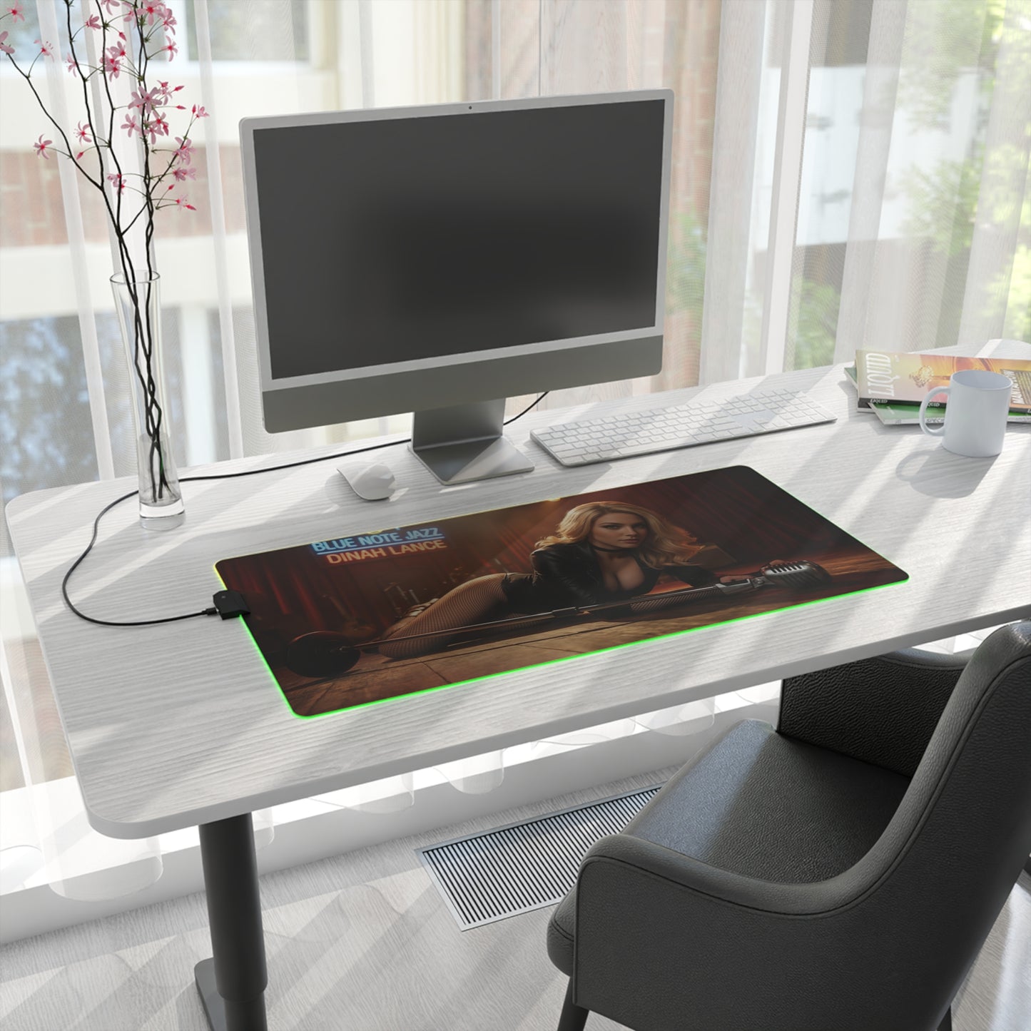 Black Canary Desk Mat – LED RGB Pad, Waifu Hero Anime Girl Setup on minimalist white desk with monitor and green RGB glow