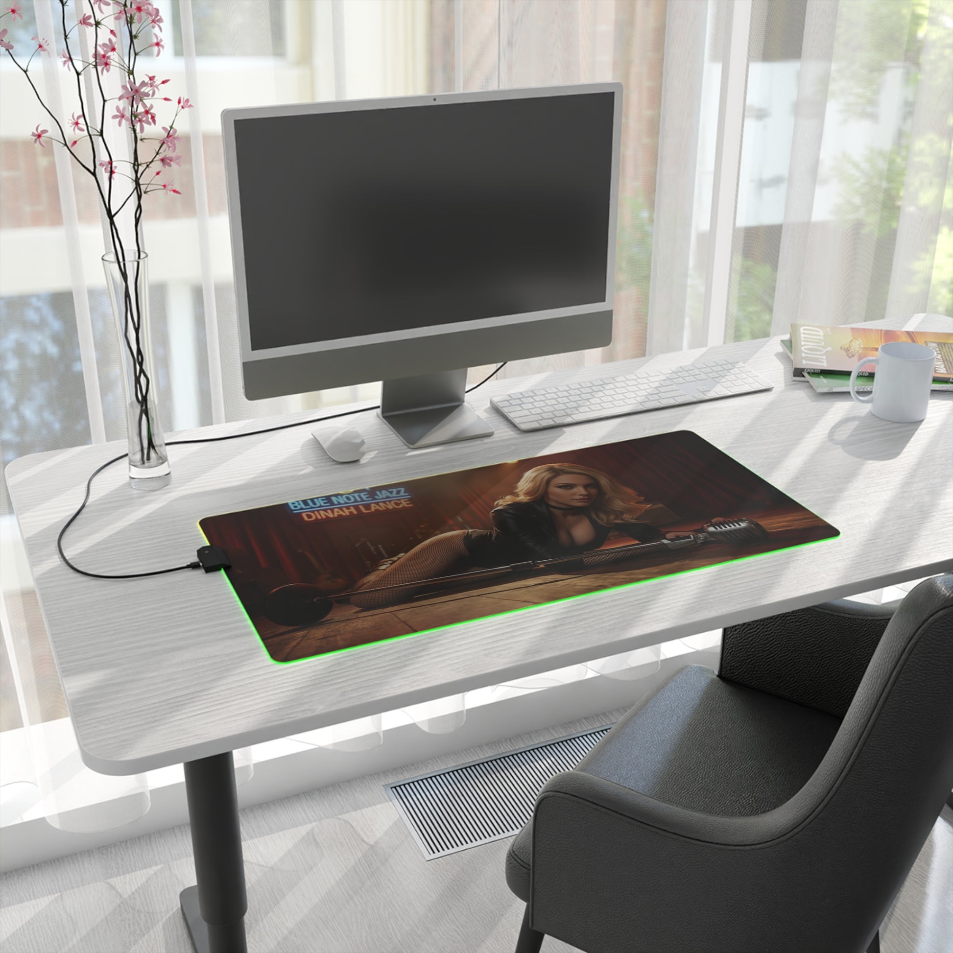 Black Canary Desk Mat – LED RGB Pad, Waifu Hero Anime Girl Setup on minimalist white desk with monitor and green RGB glow