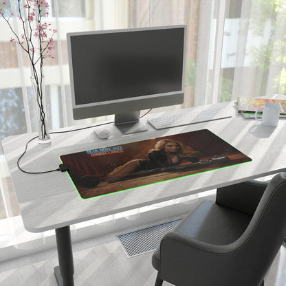 Black Canary Desk Mat – LED RGB Pad, Waifu Hero Anime Girl Setup on minimalist white desk with monitor and green RGB glow