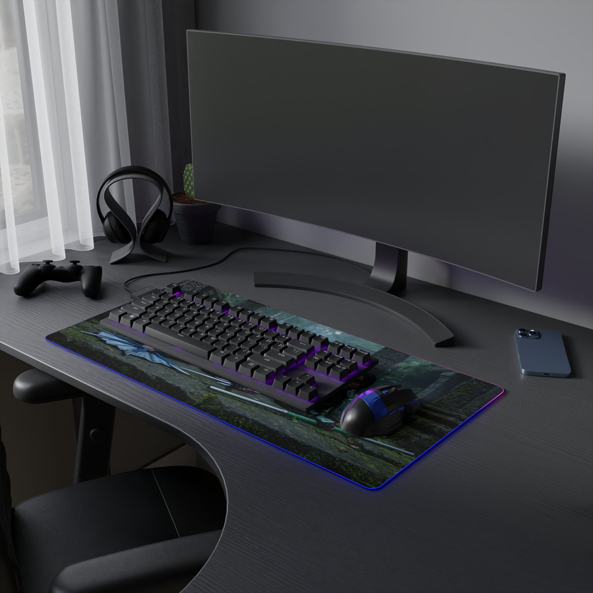 Kitana, Jade, Mileena Desk Mat – LED RGB Pad on gaming desk with keyboard, mouse and curved monitor, Edenian warrior trio design