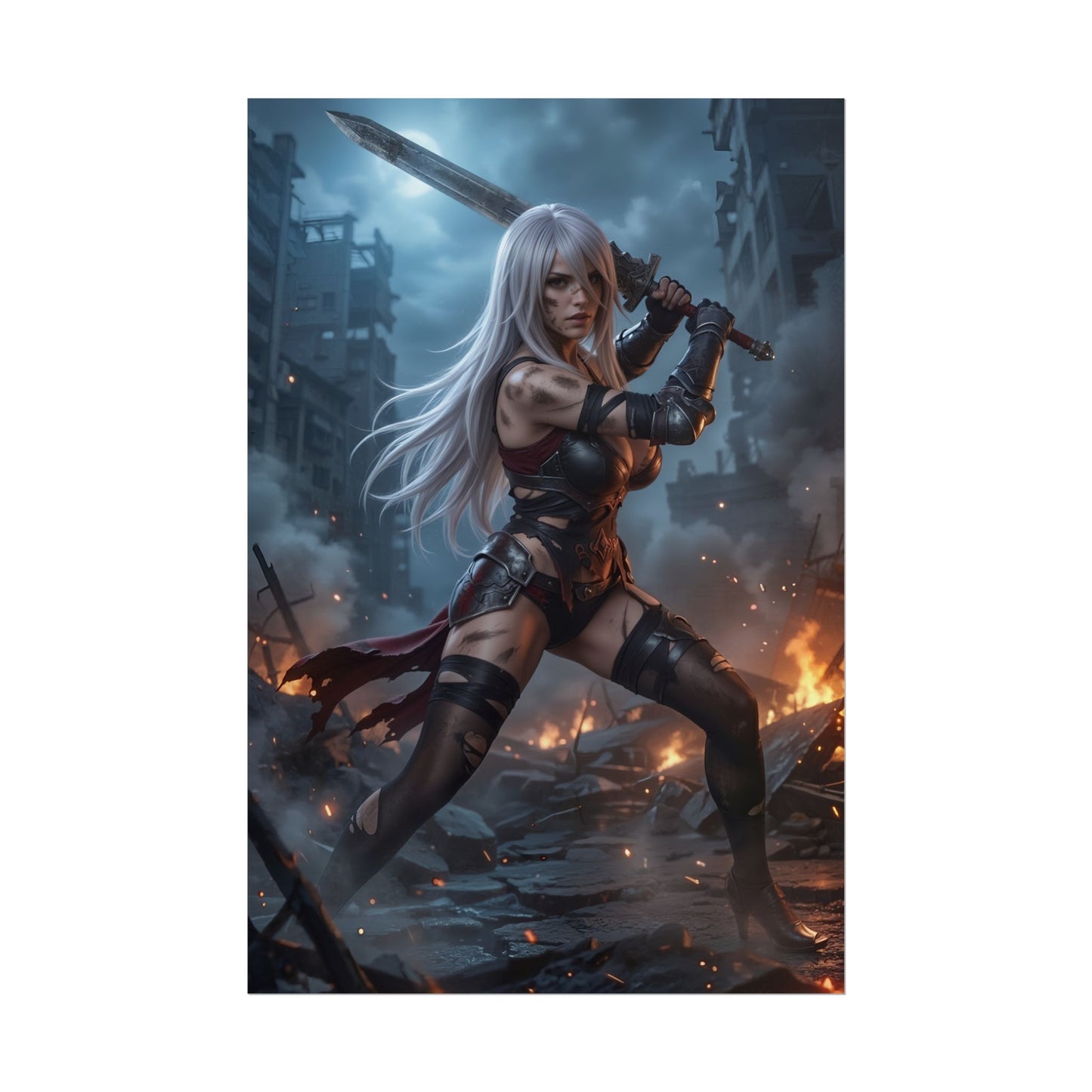 A2 Poster, NieR Automata Art Print – Sci-Fi RPG Heroine Wall Decor featuring fierce silver‑haired warrior with sword in burning futuristic battlefield