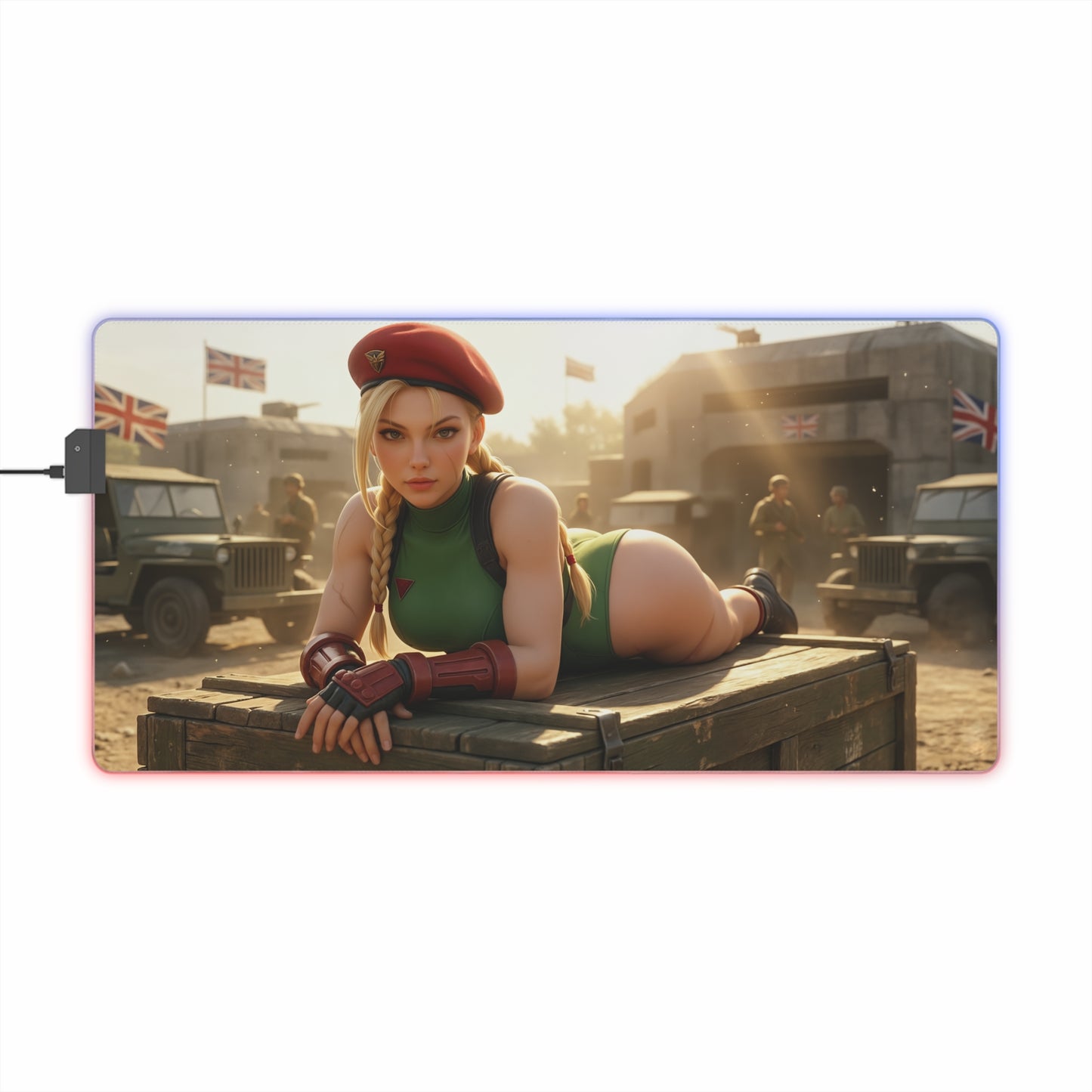 Cammy White Desk Mat – LED RGB Pad, Waifu Fighter Anime Girl Setup showing Cammy in green leotard and red beret on lit RGB gaming desk mat