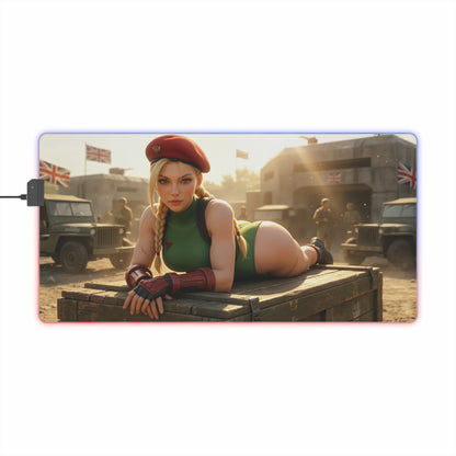 Cammy White Desk Mat – LED RGB Pad, Waifu Fighter Anime Girl Setup showing Cammy in green leotard and red beret on lit RGB gaming desk mat