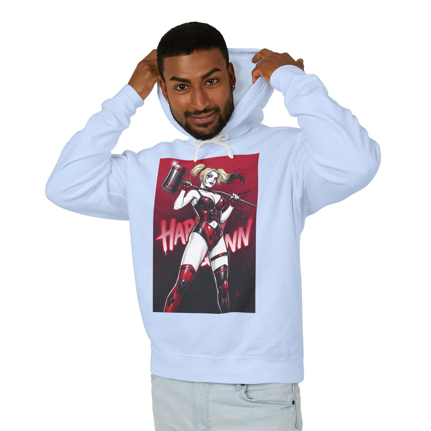 Harley Quinn Hoodie | DC Villain Hoodie | Chaos Queen Pullover - man wearing light blue hoodie with Harley Quinn graphic, hammer streetwear design