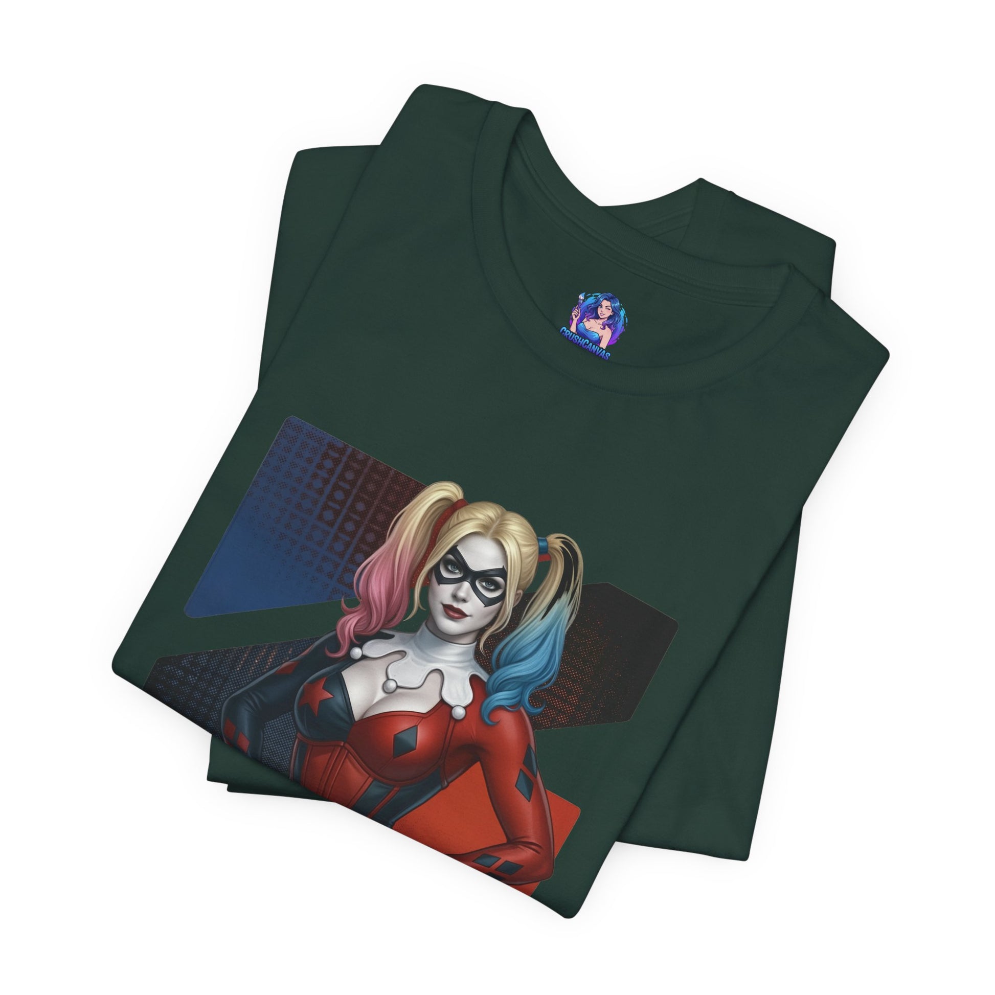Harley Quinn T-Shirt | DC Comics Anime Tee for Gamers & Comic Fans - folded Bella Canvas tee with anime-style Harley Quinn print