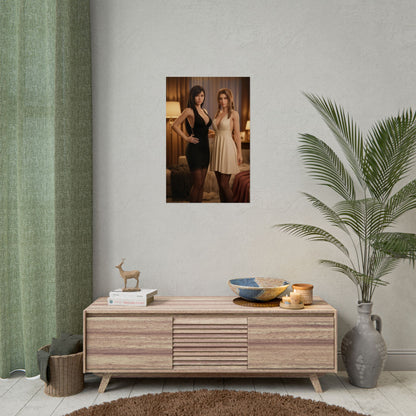 Tifa Aerith Poster, Final Fantasy Art Print – RPG Duo Collector Wall Art displayed in modern gamer room above console, cinematic duo art print