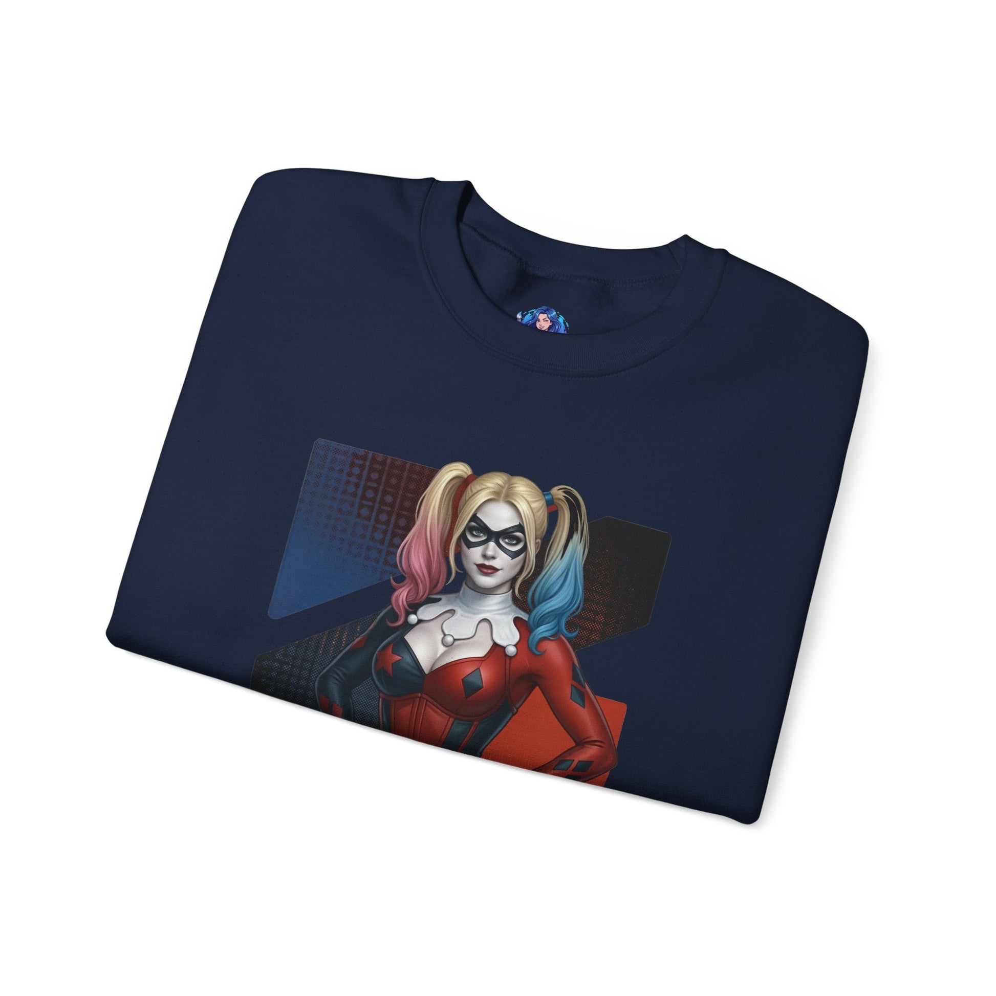 Harley Quinn Sweatshirt, DC Comics Crewneck, Iconic Comic Apparel for Fans — navy crewneck with illustrated Harley Quinn graphic