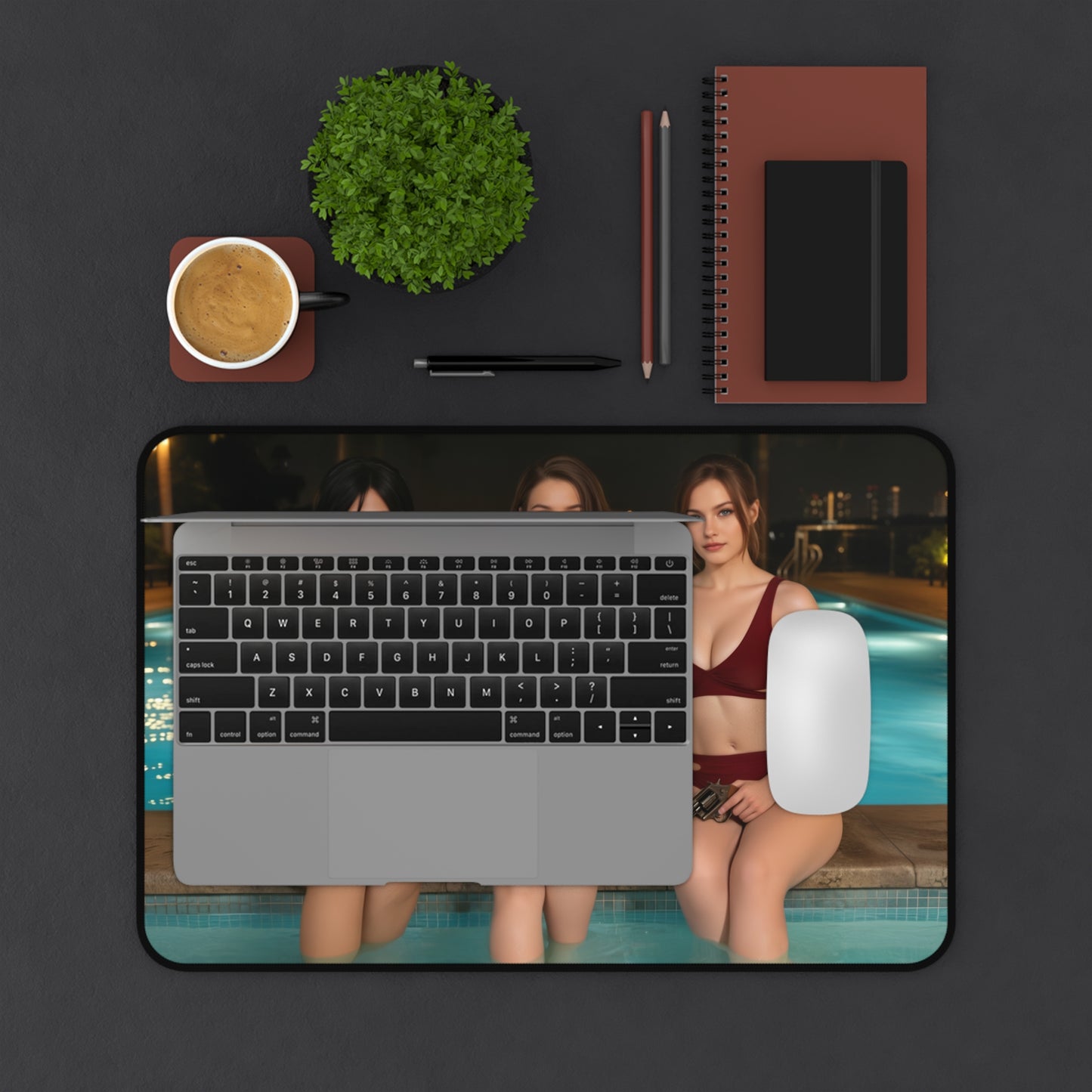 Ada Wong Claire Redfield Jill Valentine Gaming Mouse Pad, Survival Horror Desk Mat featuring three heroines by a pool on a premium desk mat