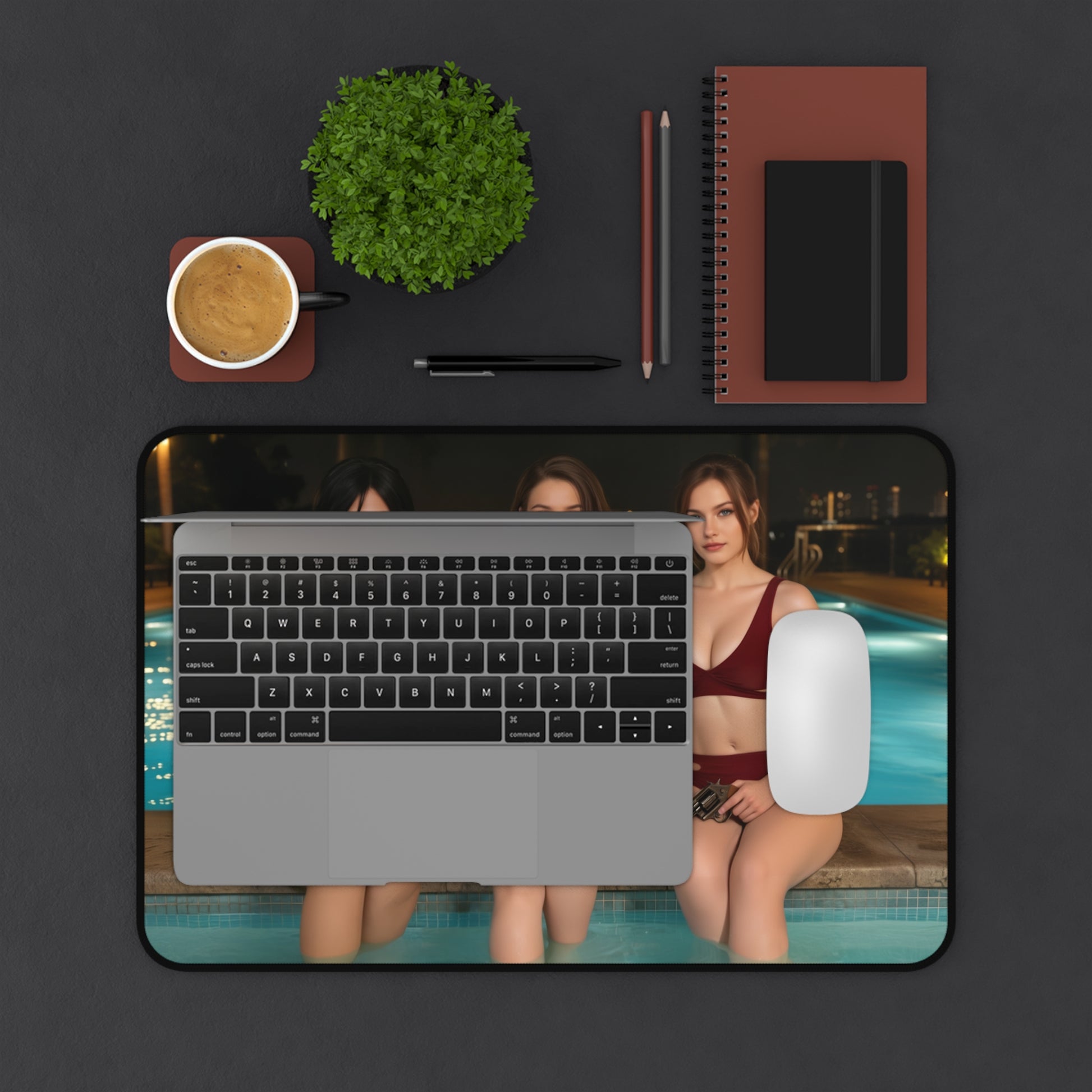 Ada Wong Claire Redfield Jill Valentine Gaming Mouse Pad, Survival Horror Desk Mat featuring three heroines by a pool on a premium desk mat