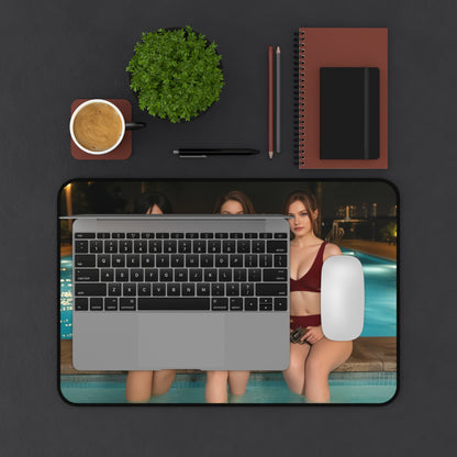 Ada Wong Claire Redfield Jill Valentine Gaming Mouse Pad, Survival Horror Desk Mat featuring three heroines by a pool on a premium desk mat